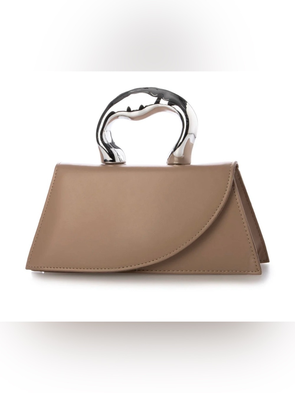 Taupe Mini Top-Handle Bag with Sculptural Silver Handle with long handle as well